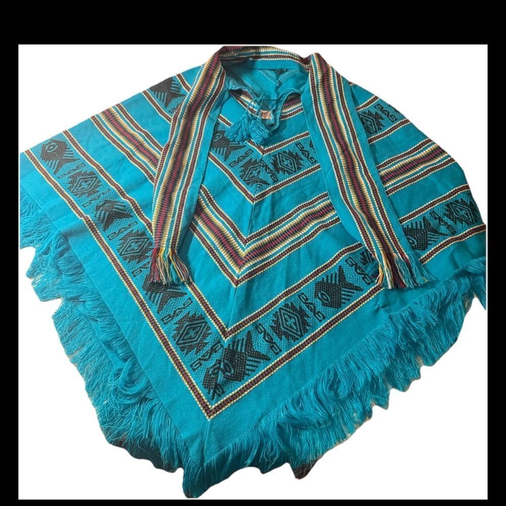 Tejidos Diaz Turquoise Wool Blend Poncho With Colorful Aztec Print